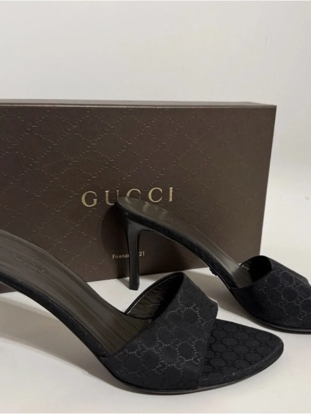 Gucci Black Monogram Slip-On Stiletto Mules